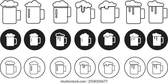 Depiction of frothy beer mug icon set isolated on transparent background. Ideal for pubs, breweries, and beer enthusiasts seeking vintage charm black flat and line vector collection drink glass symbol