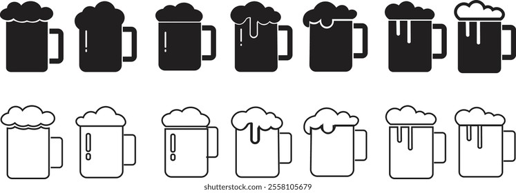 Depiction of frothy beer mug icon set isolated on transparent background. Ideal for pubs, breweries, and beer enthusiasts seeking vintage charm black flat and line vector collection drink glass symbol