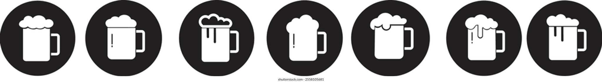 Depiction of frothy beer mug icon set isolated on transparent background. Ideal for pubs, breweries, and beer enthusiasts seeking vintage charm black flat vector collection drink glass symbol