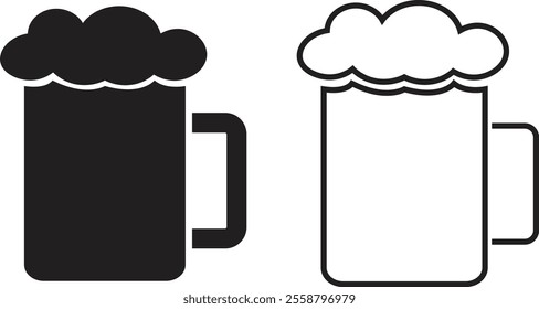 Depiction of frothy beer mug icon set isolated on transparent background. Ideal for pubs, breweries, and beer enthusiasts seeking vintage charm black flat and line vector collection drink glass symbol