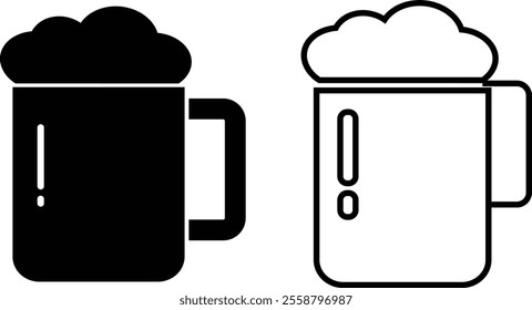 Depiction of frothy beer mug icon set isolated on transparent background. Ideal for pubs, breweries, and beer enthusiasts seeking vintage charm black flat and line vector collection drink glass symbol