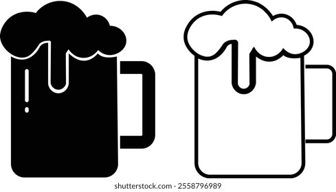 Depiction of frothy beer mug icon set isolated on transparent background. Ideal for pubs, breweries, and beer enthusiasts seeking vintage charm black flat and line vector collection drink glass symbol