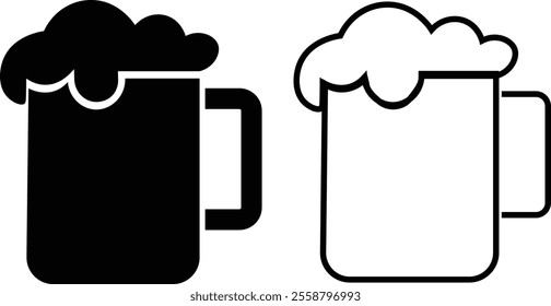 Depiction of frothy beer mug icon set isolated on transparent background. Ideal for pubs, breweries, and beer enthusiasts seeking vintage charm black flat and line vector collection drink glass symbol