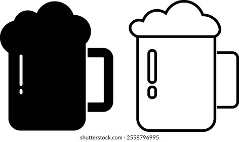 Depiction of frothy beer mug icon set isolated on transparent background. Ideal for pubs, breweries, and beer enthusiasts seeking vintage charm black flat and line vector collection drink glass symbol