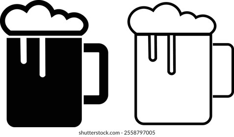 Depiction of frothy beer mug icon set isolated on transparent background. Ideal for pubs, breweries, and beer enthusiasts seeking vintage charm black flat and line vector collection drink glass symbol