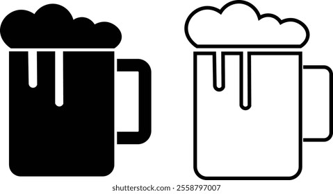 Depiction of frothy beer mug icon set isolated on transparent background. Ideal for pubs, breweries, and beer enthusiasts seeking vintage charm black flat and line vector collection drink glass symbol