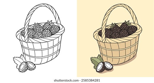 Depiction of a fruit basket containing berries, presented in both colored and outline forms for creative projects.