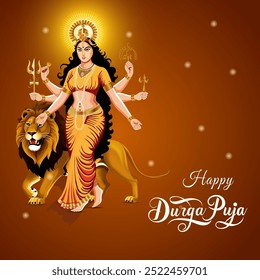 Depiction of Goddess Durga with Eight Arms Riding a Lion Lit Diya Lamps Symbolizing Victory Over Darkness and Happy Durga Puja Text