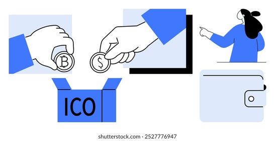 A depiction of hands holding cryptocurrency coins, a digital wallet, and a person pointing. Ideal for cryptocurrency, digital payments, initial coin offering, blockchain technology, financial