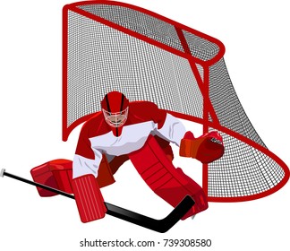 Depiction of a hockey goaltender ready to block a shot ove white background