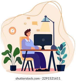 Representación del tema de la oficina en el hogar, en la que aparece un hombre que trabaja a distancia, que realiza estudios o actividades independientes. Ilustración vectorial adorable en un estilo de diseño plano