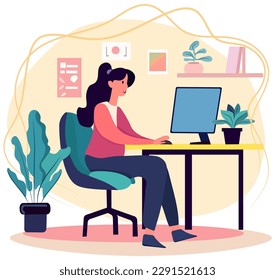 A depiction of the home office theme, with a woman engaged in remote work, pursuing academic tasks, or undertaking freelance projects. Charming flat style vector illustration