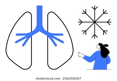 Depiction of human lungs and a snowflake symbol representing cold weather, alongside a person in blue pointing. Ideal for health, respiratory issues, weather impact, cold climate, and medical