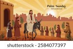 A depiction of Jesus riding into Jerusalem on a donkey, surrounded by people waving palm branches to celebrate His arrival, marking the beginning of Holy Week.