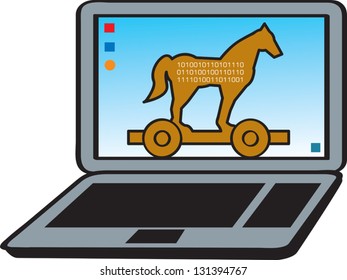 A depiction of a laptop infected with a trojan horse virus.