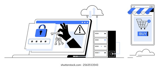 Depiction of a laptop with security icons, a data server, and a smartphone with a shopping cart. Ideal for cybersecurity, online shopping, data protection, e-commerce security, and digital privacy