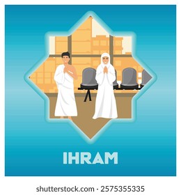 Depiction of male and female pilgrims dressed in Ihram in a serene setting, symbolizing devotion during the sacred journey of Hajj in Islam. Flat vector modern illustration