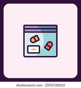 Depiction of medication pills within a resealable baggie icon illustration