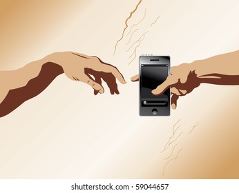 A depiction of michaelangelo's "Creation of Adam" with a cell phone added