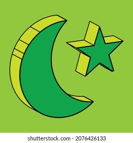 A depiction of the Muslim crescent moon and star set over a green background