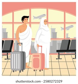 A depiction of Muslim pilgrims in traditional attire at an airport, signifying their spiritual journey. They hold luggage as airplanes are visible in the background.