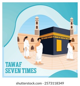 Depiction of Muslims performing the Tawaf ritual circling the Kaaba, in traditional Ihram attire. Flat vector modern illustration