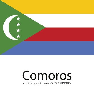 A depiction of the national flag of Comoros, featuring a green triangle with a white crescent moon and four white stars, a yellow, white and red horizontal stripe, and a blue stripe at the bottom.