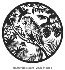 depiction of a parrot on a branch of an ivy tree