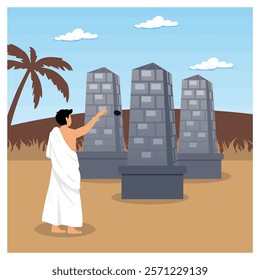 Depiction of a person performing traditional pilgrimage rituals by throwing stones at symbolic structures in a serene desert setting under a blue sky. Flat vector modern illustration 