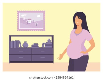 A depiction of a pregnant woman standing in a modern interior with a stylish bookshelf and decorative painting in the background, combining family themes. Flat vector modern illustration 