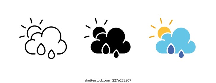 A depiction of rain clouds, symbolizing the arrival of precipitation. The image evokes feelings of freshness and renewal. Vector set of icons in line, black and colorful styles isolated.