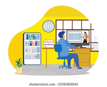 A depiction of a remote worker in a home office, taking part in an online meeting session, with a sleek modern workspace, bookshelves and natural light through a large window.  