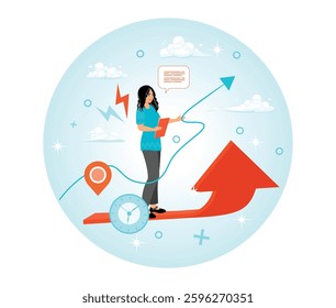 A depiction representing growth and strategic planning in a business cycle, featuring symbolic elements such as arrows, maps, and planning tools for a conceptual representation of progress.