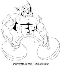 The depiction of a rhino with a muscular body. Raises the barbell. Suitable for gym logo, booklet, flyer, logo
