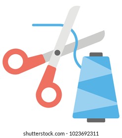 
A depiction of a scissor along with thread. 
