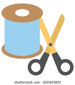 
A depiction of a scissor along with thread. 
