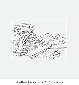 Depiction of a serene rural landscape featuring lush fields, background mountains, trees, and calm ambiance. Ideal for coloring, educational materials, and relaxation projects focused on nature's beau