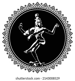 Depiction of Shiva as a divine cosmic dancer Nataraja doing Tandav dance Hindu god idol, lord of dramatic arts as a sculptural symbol, trampling upon a demon as a dwarf symbolizes spiritual ignorance.