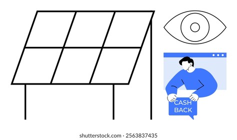 Depiction of solar panels, an eye representing surveillance or vision, and a person receiving cashback. Ideal for renewable energy, financial incentives, online transactions, surveillance, modern