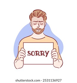 A depiction of a sorrowful man seeking forgiveness, teary eyed, holding a sorry sign. This vector sketch is designed for use in books, brochures, and mental health support websites.