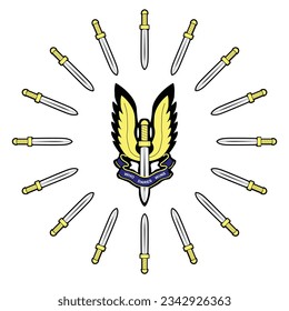 A depiction of the Special Air Service badge isolated over a white background with knifee border