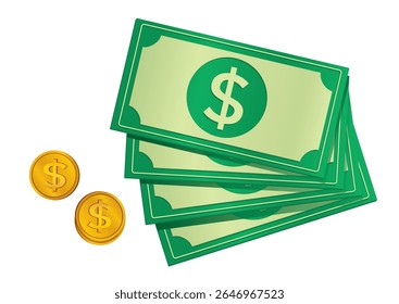 Representação de uma pilha de notas de dólar ao lado de moedas de ouro brilhantes simbolizando finanças e prosperidade em um design vibrante. Conceito monetário