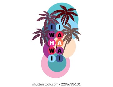 A depiction of tall swaying palm trees overspread on repetitive multicolored circles