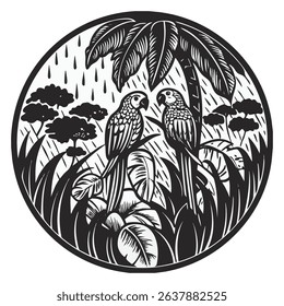 depiction of two parrots among bushes and trees in rainy weather