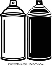 Depiction of two spray paint cans, one solid black and one white, presented in a bold, linear, vector graphic, isolated against a stark white background.