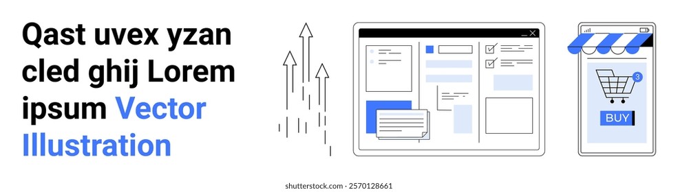 Depiction of a website interface with navigation elements and an online shopping cart. Ideal for e-commerce, web development, business growth, user experience design, and digital marketing. Banner