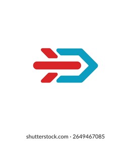 Depicts an abstract arrow with red lines on the left and a blue chevron shape pointing right. The design is against a solid white backdrop, simple and modern.