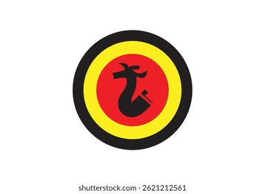 Depicts an abstract horned animal silhouette, centered within a striking red circle, enhanced by a bold black and gold ring design on transparent background.