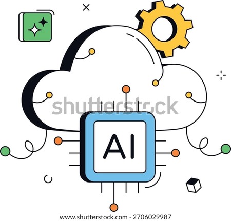 Depicts ai integration with data cloud storage using a gear, sparkling square, cube, nodes, and connection lines. Useful for technology presentations and data analysis. isometric flat vector.