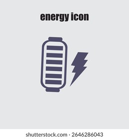 Representa um ícone de bateria ao lado de um raio que representa energia e energia em um plano de fundo cinza, design simples e limpo.